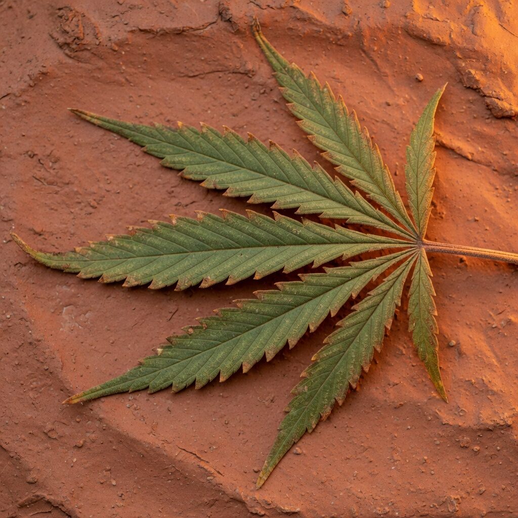 Cannabis fan leaf on raw terracotta clay, warm rim light.