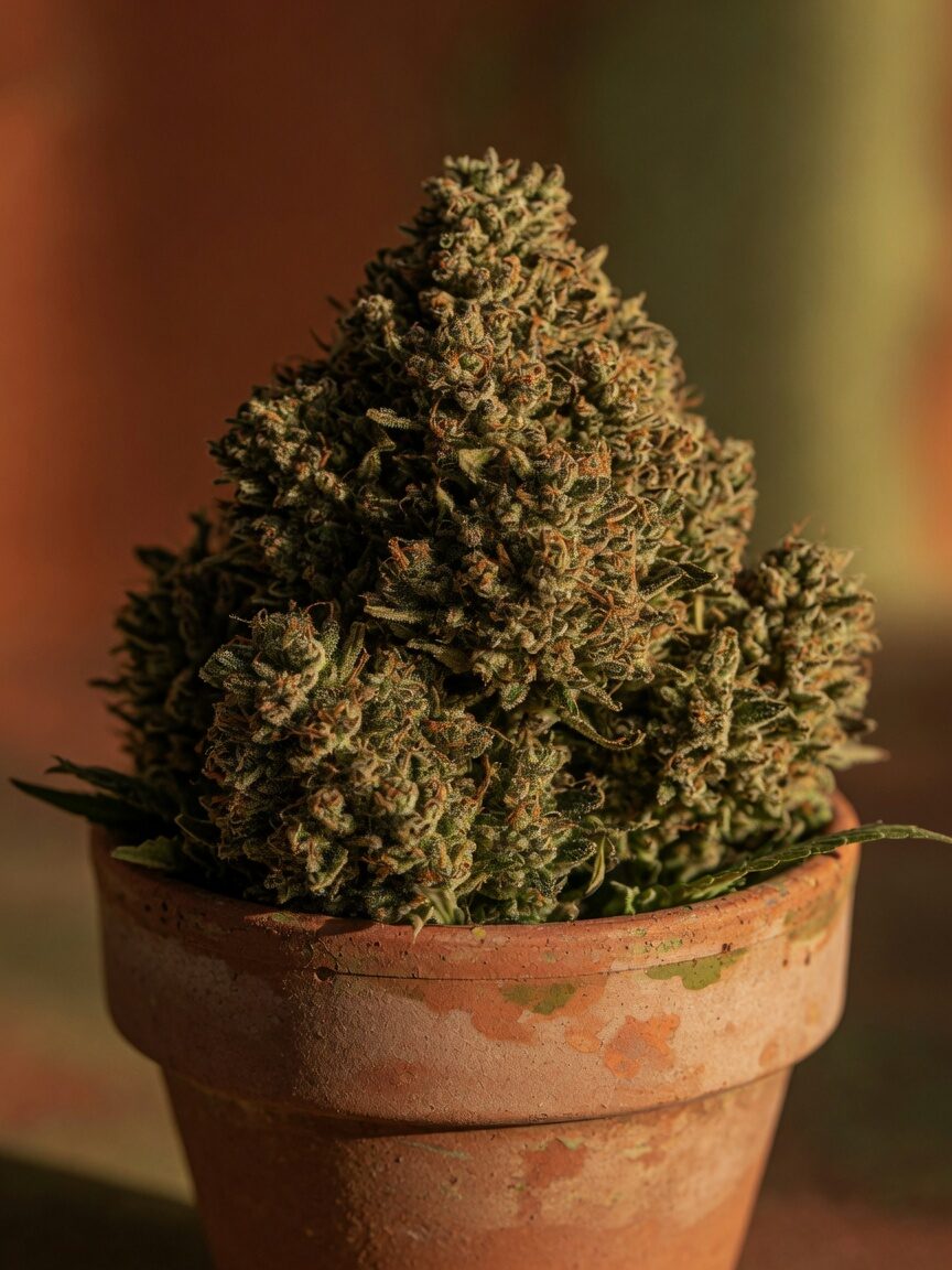 Dense cannabis flower head filling a small terracotta pot, rust and olive light.