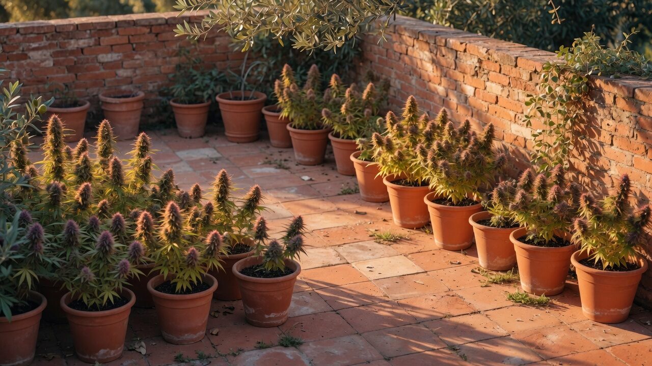 Sunlit terracotta patio lined with clay pots of flowering cannabis, brick walls and olive branches.