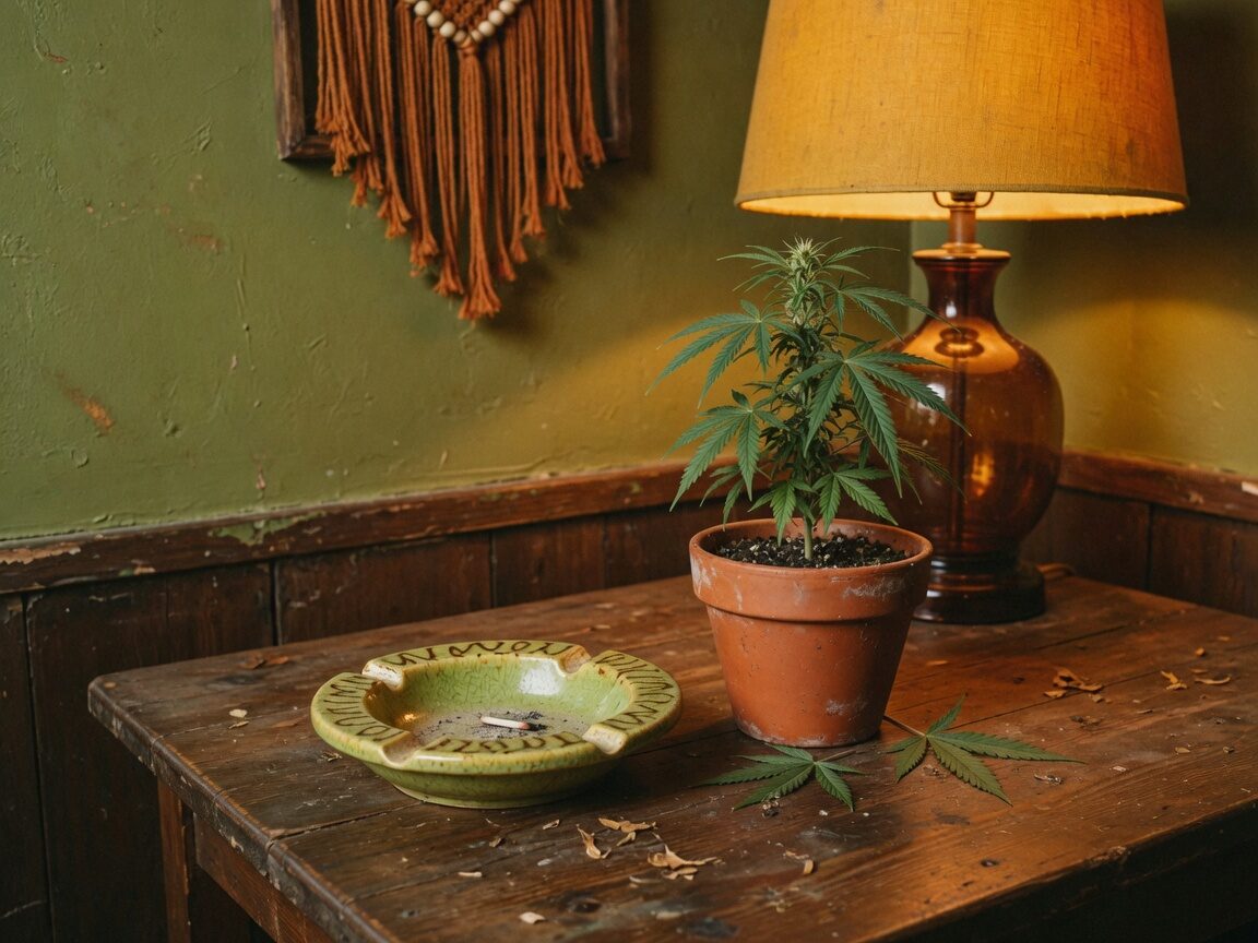Indoor table with a terracotta cannabis plant and warm lamp light, olive walls.