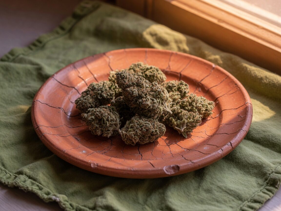 Dried cannabis buds on a cracked terracotta plate over olive cloth.