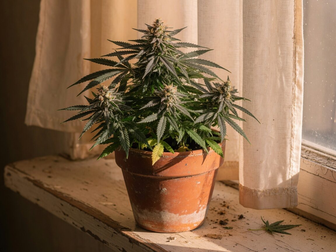 Flowering cannabis in a weathered clay pot on a peeling white windowsill, cream curtain.