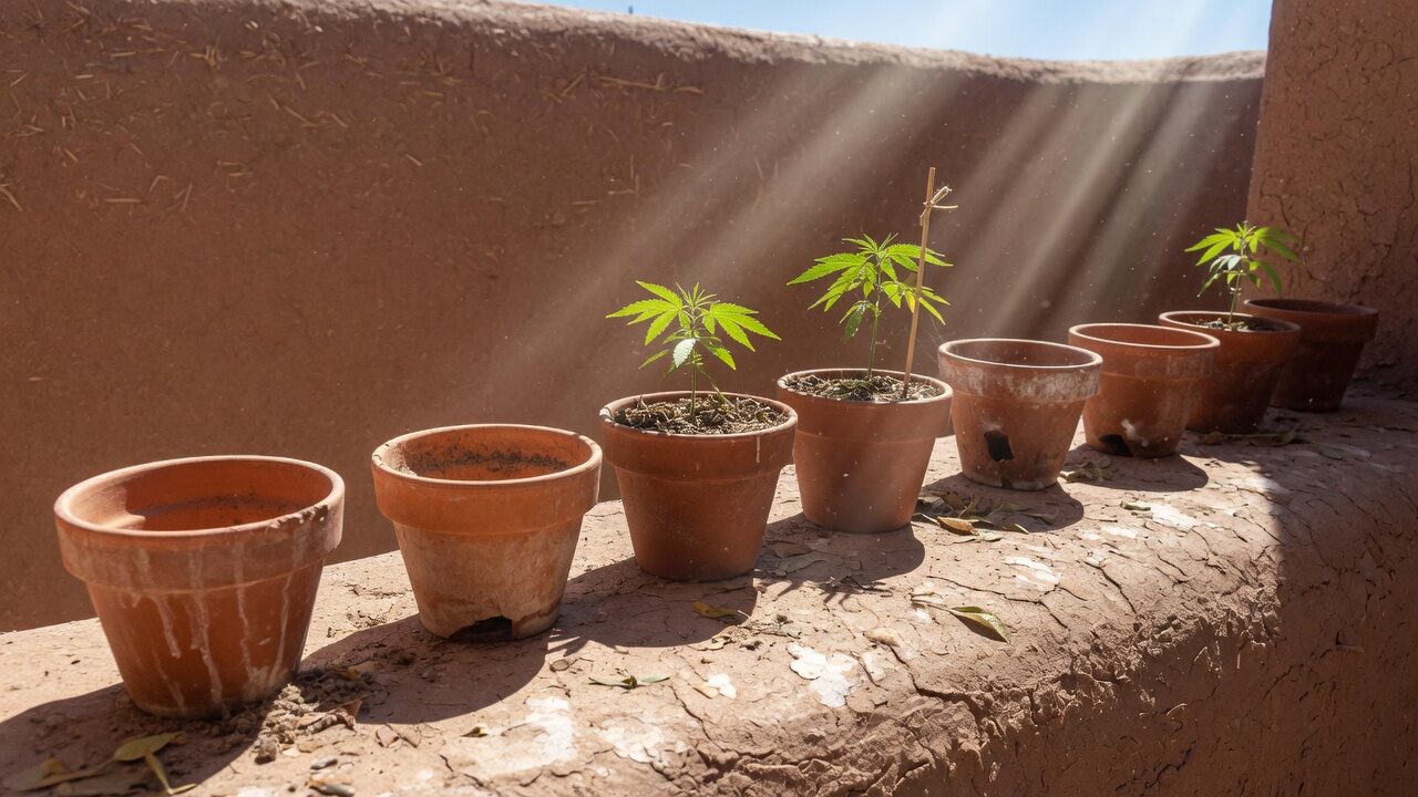 Row of terracotta pots on an adobe ledge, some empty, some with young cannabis starts in hard sun.