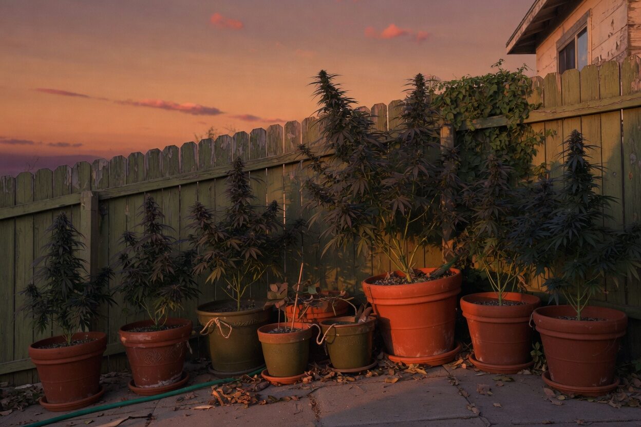 Backyard at dusk with large potted cannabis plants in clay pots along a fence.